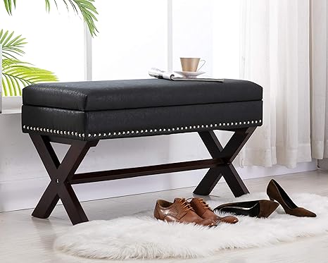 Amazon Com Cimota Bedroom Storage Ottoman Bench Black Pu Leather Upholstered Bed Bench Accent Hallway Bench For End Of Bed Entry Kitchen Dining Room 36 Dx16 Wx20 H Everything Else