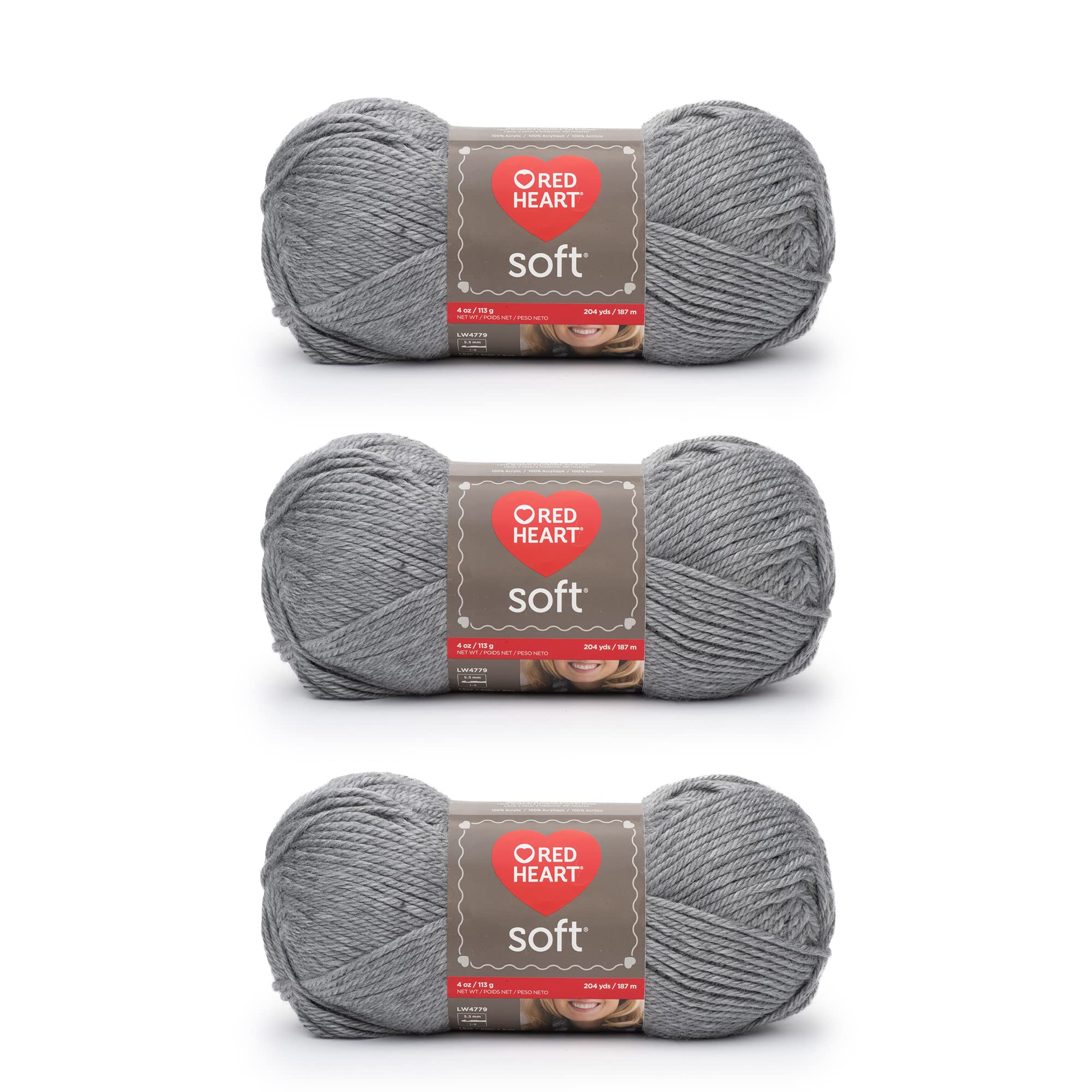 Red Heart Soft Light Gray Heather Yarn - 3 Pack of 113g/4oz - Acrylic - 4 Medium (Worsted) - 256 Yards - Knitting, Crocheting & Crafts