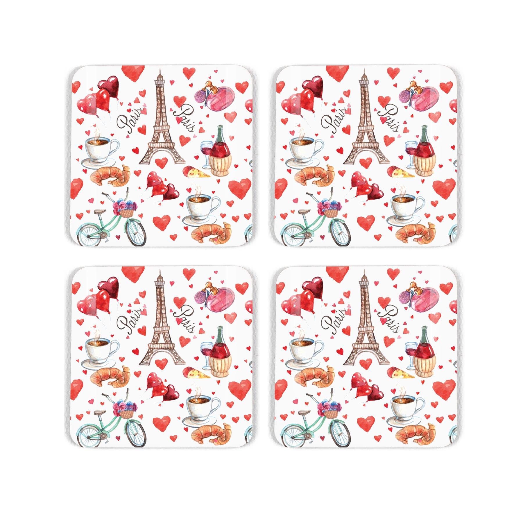 Paris Coaster Set - Pink City of Love Travel Gift - Set of Four (4) Square Drinks Coasters