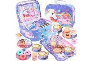 Golray Tea Party Set for Toddlers Girls Toys, Unicorn Gift for 3 4 5 6 Years Old, Tin Tea Set & Carrying Case & Food Treats Playset, Kids Kitchen Pretend Play for Age 3-6 Girls Birthday Gift Idea