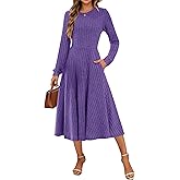 MOLERANI Womens 2025 Fall Ribbed Knit Long Sleeve Dress Midi Crewneck Lightweight Dresses with Pockets Work Vacation,Purple,L