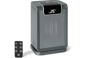 Amazon Basics Space Heater for Indoor Use with PTC Ceramic Technology, 1500W, Remote Control, 70° Oscillation, 10-inch, Grey