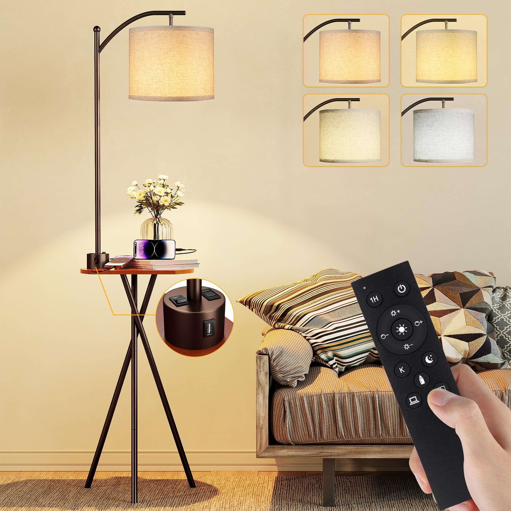 Photo 1 of ROTTOGOON Floor Lamp with Table, End Table Lamp with Remote Control and Charging Station(USB & Type-C & AC Port), 4 Color Temperatures, Floor Lamps for Living Room, Bedroom and Home Office,Brown