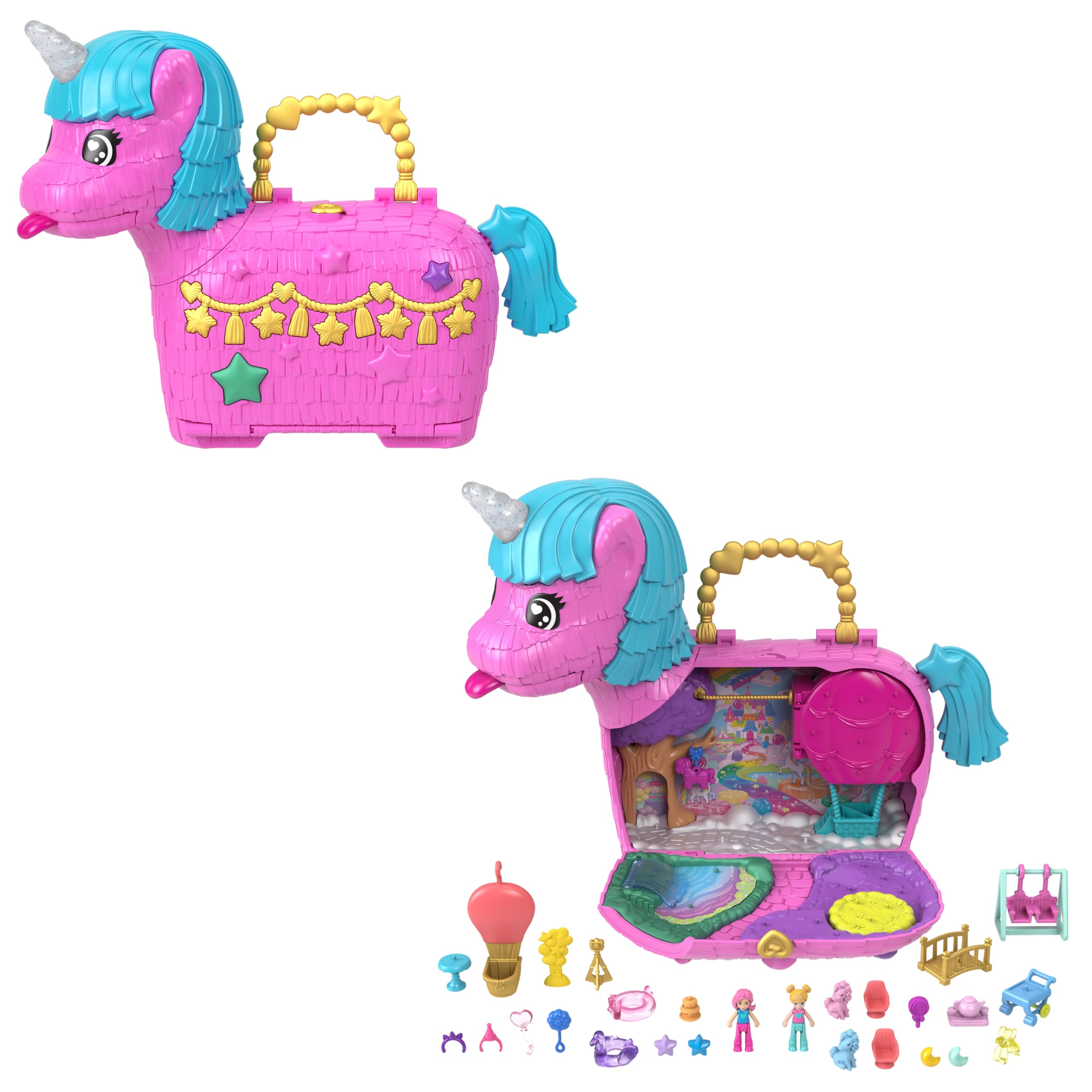 Polly Pocket Puppen und Spielset mit Tieren und über 25 Überraschungs-Accessoires, Unicorn Partyland-Spielset für Geburtstage, Heißluftballonfahrt, HYD96