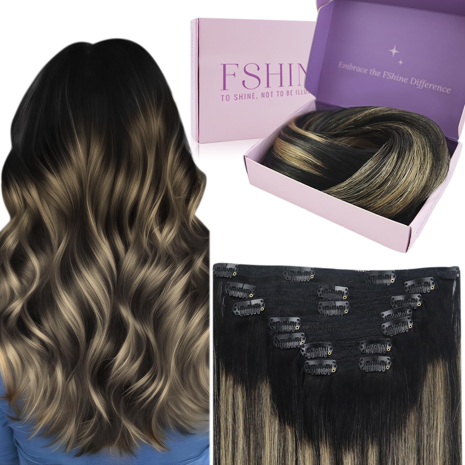 Fshine Clip in Hair Extensions Natural Black Mixed Caramel Blonde Hair Extensions Clip in Double Weft Clip in Hair Extensins Real Human Hair 22 Inch 120g 7Pcs — image 1