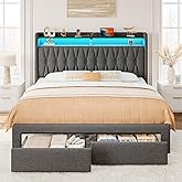 Rolanstar Queen Bed Frame with Drawers, Storage Headboard with Charging Station and LED Lights, Upholstered Bed with Heavy Duty Wood Slats, No Box Spring Needed, Noise Free, Easy Assembly, Dark Grey
