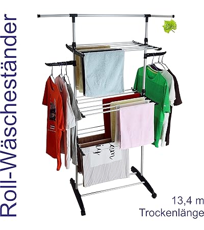 Made for us Wäscheständer rollbarer Wäschetrockner Handtuchhalter platzsparender Turmwäscheständer mit 13,4 Meter Trockenläng