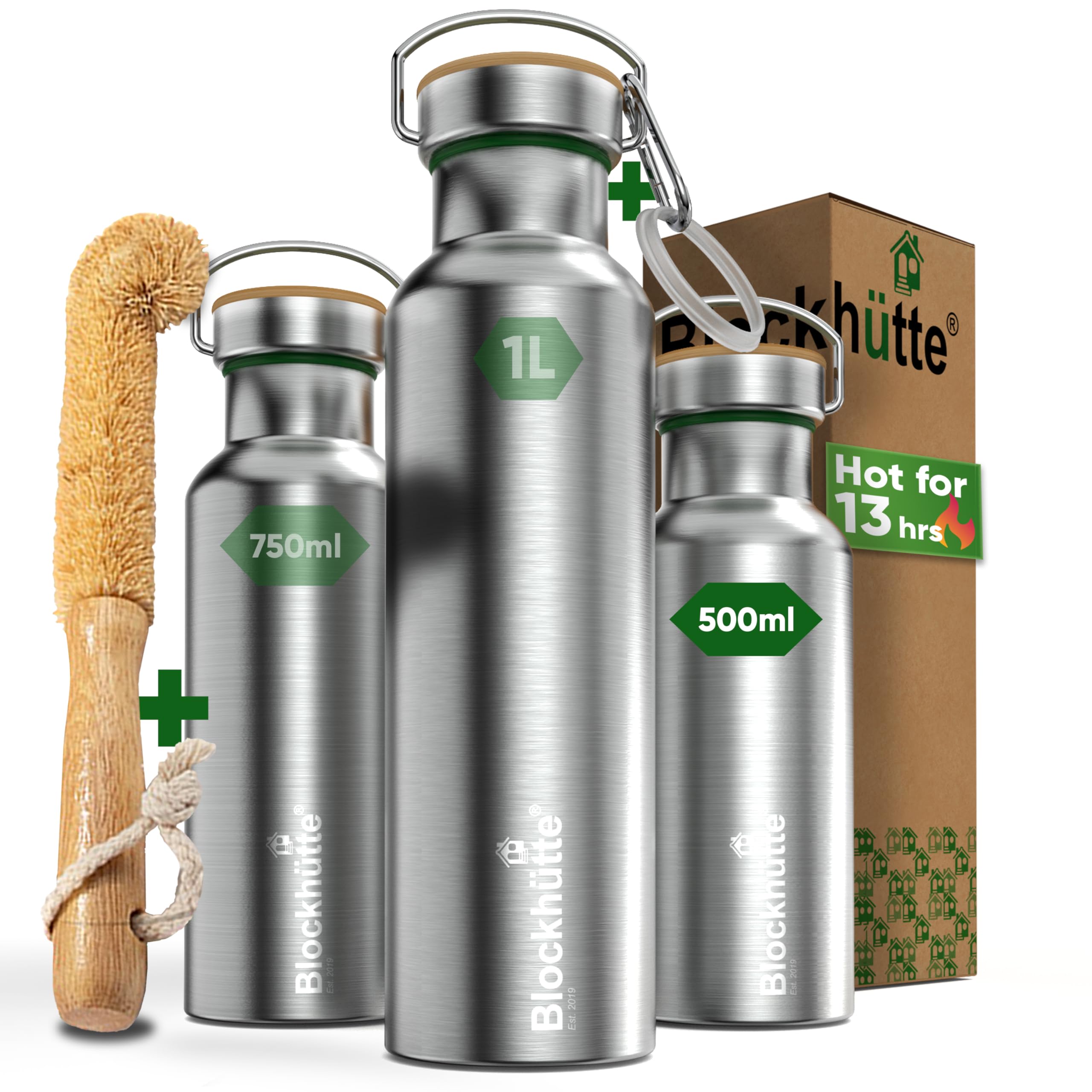 Blockhütte Stainless Steel Water Bottle I 500ml I Insulated Metal Flask, BPA Free, Leakproof, Dishwasher Safe, Ideal for Gym, Travel, Home Use, Cold Drinks, Reusable, with Cleaning Brush
