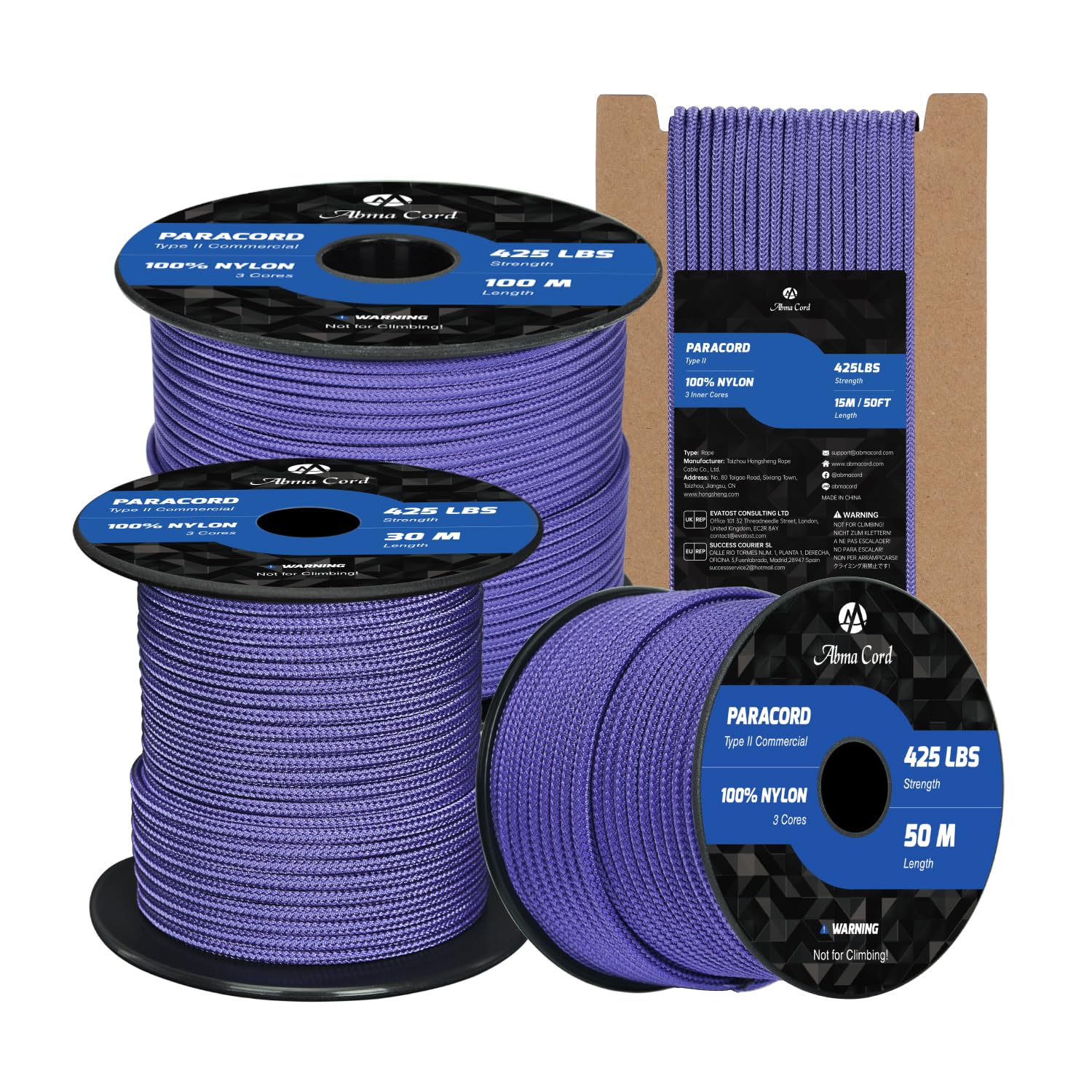 Abma Cord Paracord 3mm 100m 100% Nylon Rope Type II 3 Strands Parachute Cord - Max. 192kg (425lbs) - Purple