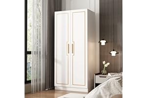 FAMAPY 2 Door Wardrobe Closet with Storage Shelves, Armoires Wardrobe Closet with Hanging Rod, Gold Accents, Armoire Closet for Bedroom White (31.4”W x 18.8”D x 70”H)