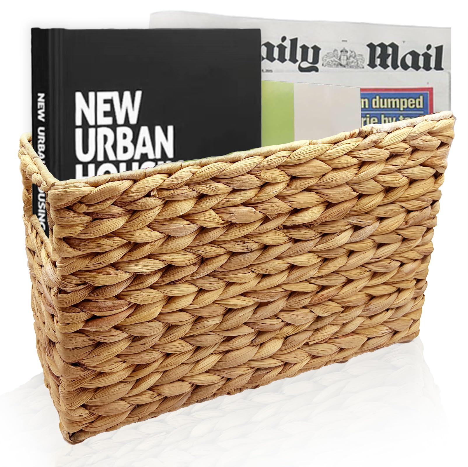 Photo 1 of Ralahbeifm Hand-Woven Magazine Holder, Natural Magazine Basket Rack Water Hyacinth Narrow Basket Bin 15.5 x 5.75 x 9.5 Inch Magazine Wicker Basket for Storage, Bathroom, Office, Desk