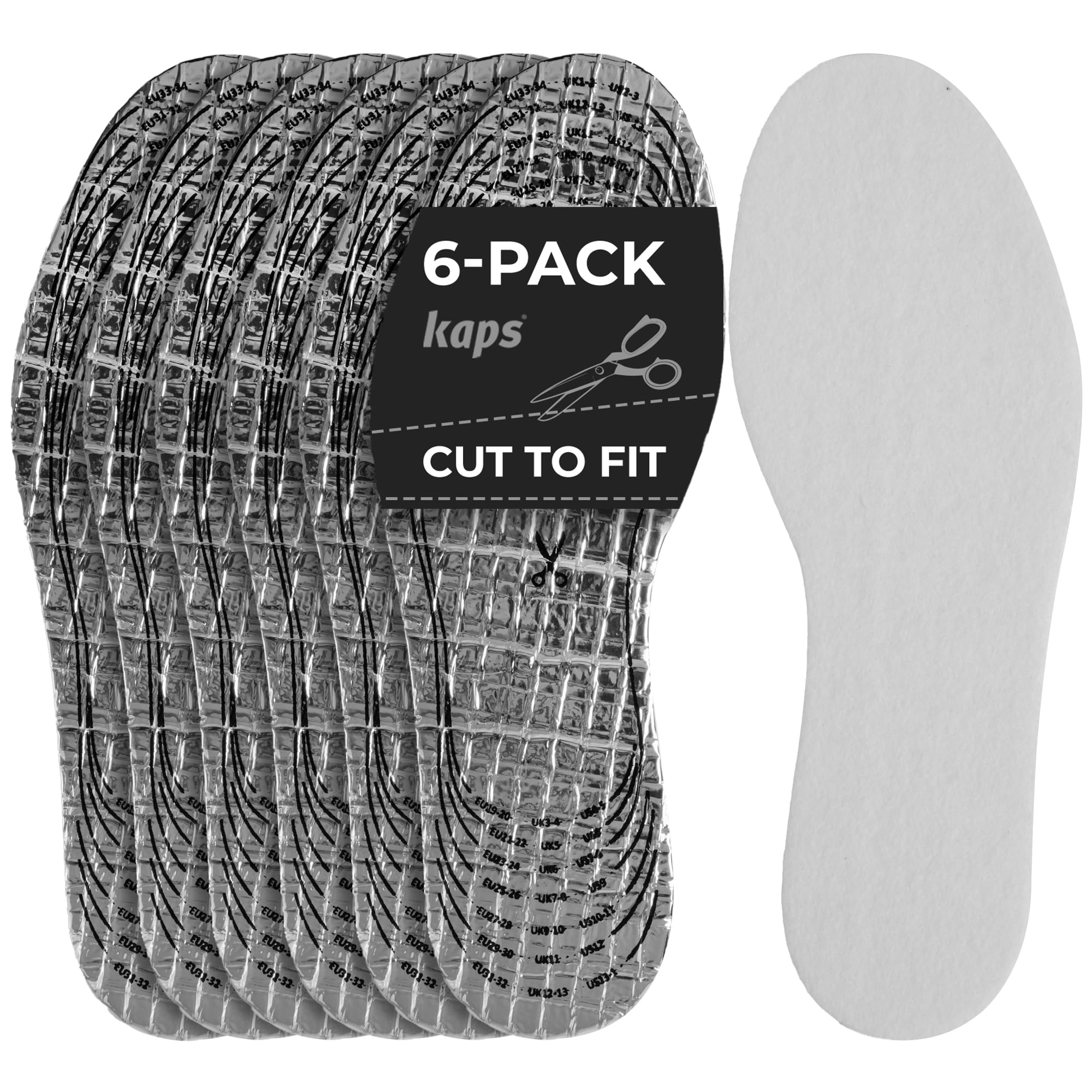 Kaps Alu Super Kids, Thermal and Insulating Insole Inserts for Kids Shoes Boots | 6 Pairs of Cut to Fit Winter Shoe Insoles for Kids, Warm and Comfy, 6 Pair Pack