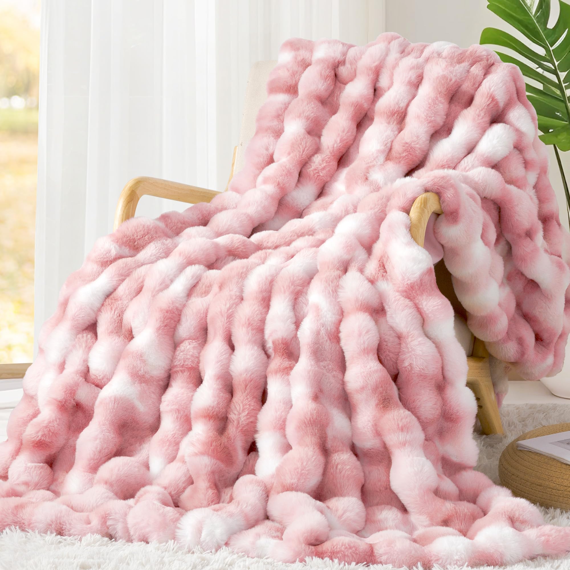 Luxury 1000GSM Faux Rabbit Fur Throw Blanket for Woman, Super Heavy Warm Cozy Blankets for Her for Couch Bed Sofa, Bubble Plush Fuzzy Elegant Soft Reversible Mink Blanket for Living Room Bedroom, Pink Image