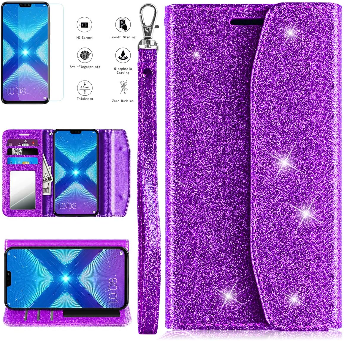 Huawei Honor 8X Case, Honor 8S Case with HD Screen Protector, PU Leather Shockproof Protective Flip Wallet Case with Kickstand Card Slots Mirror Wrist Strap for Men/Women/Girls for Honor 8X, Purple