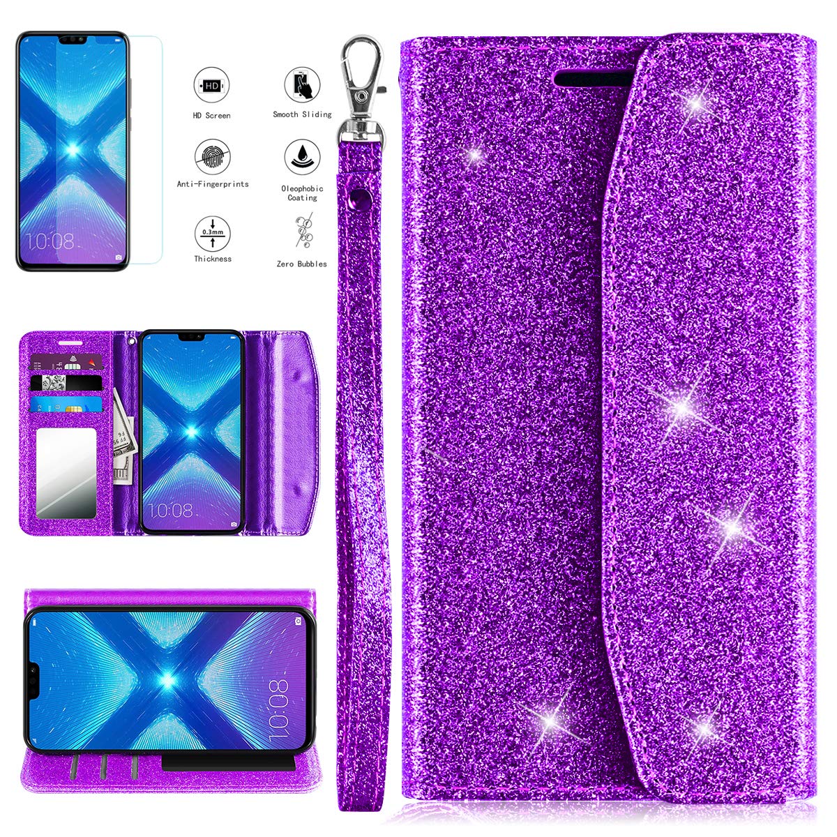 Huawei Honor 8X Case, Honor 8S Case with HD Screen Protector, PU Leather Shockproof Protective Flip Wallet Case with Kickstand Card Slots Mirror Wrist Strap for Men/Women/Girls for Honor 8X, Purple