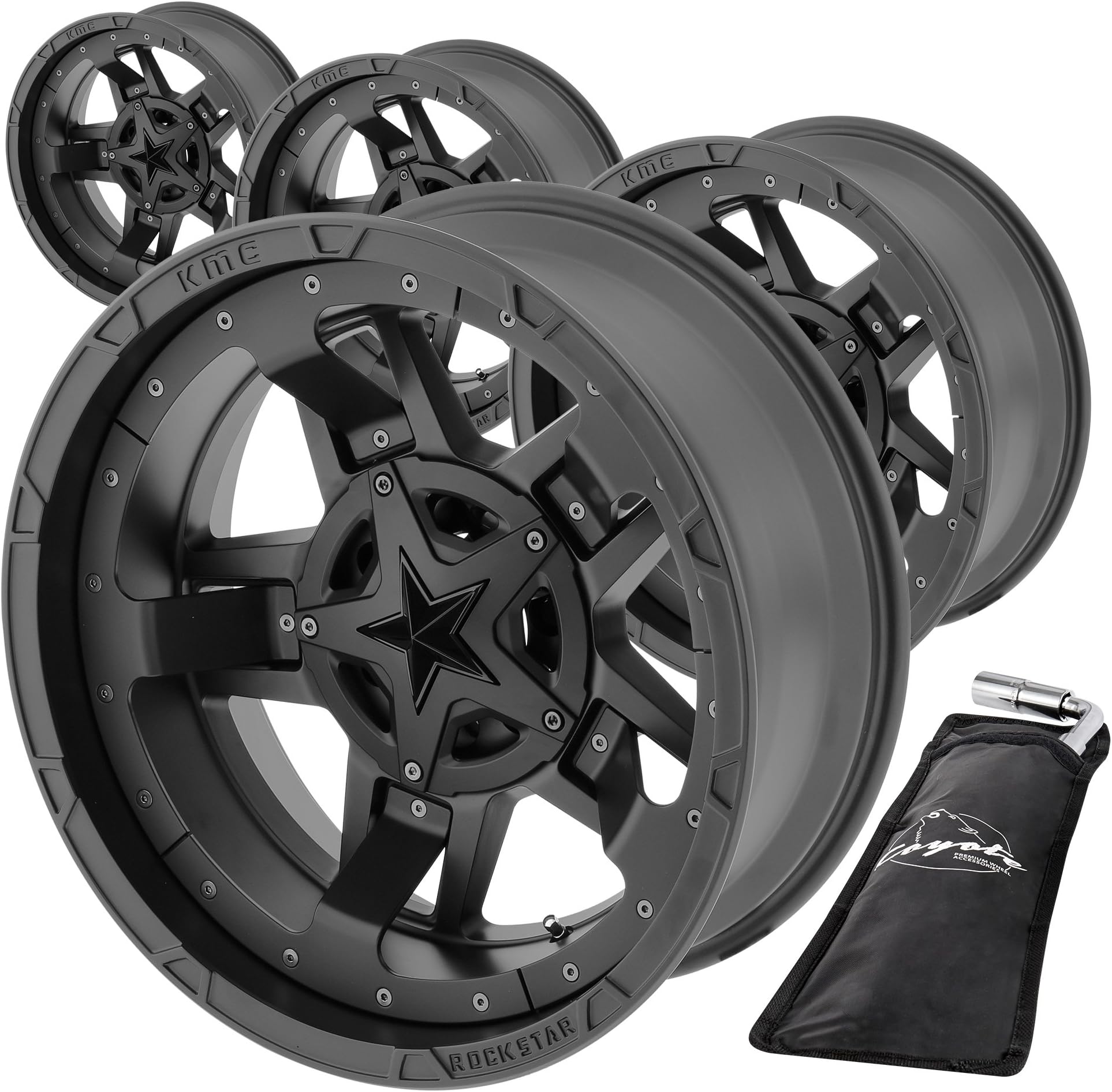 XD Series XD827 Rockstar 3 Wheels (Set of 4) - Matte Black with Black Accents (18" x 9", 0 Offset, 5x127 Bolt Pattern, 87.1mm Hub) - Bundle of 4 Rims + 1 Free Wrench