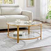 DURISEN 36" Round Glass Coffee Table,Gold Circle Coffee Table with Storage | 2-tier tempered glass with unique triple-tube rhombus legs. metal frame for living room,office and apartments.