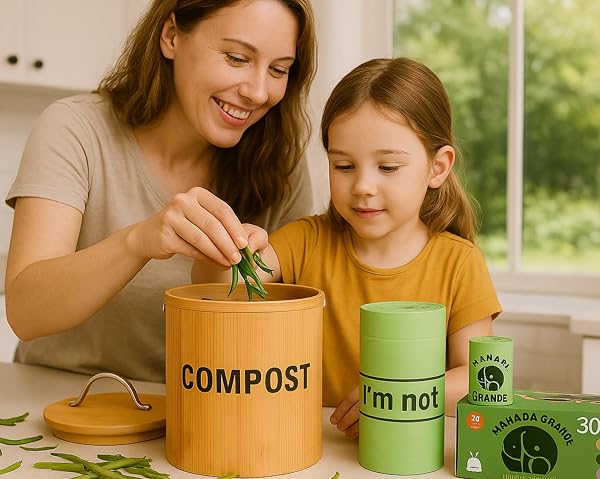 COMPOSTABLE TRASH BAGS 13 GALLON DRAWSTRING – 45 COUNT (30 KITCHEN + 15 SMALL) – EXTRA THICK 1.38 MIL – BPI & OK COMPOST CERTIFIED – PLANT-BASED KITCHEN GARBAGE BAGS – MANADA GRANDE