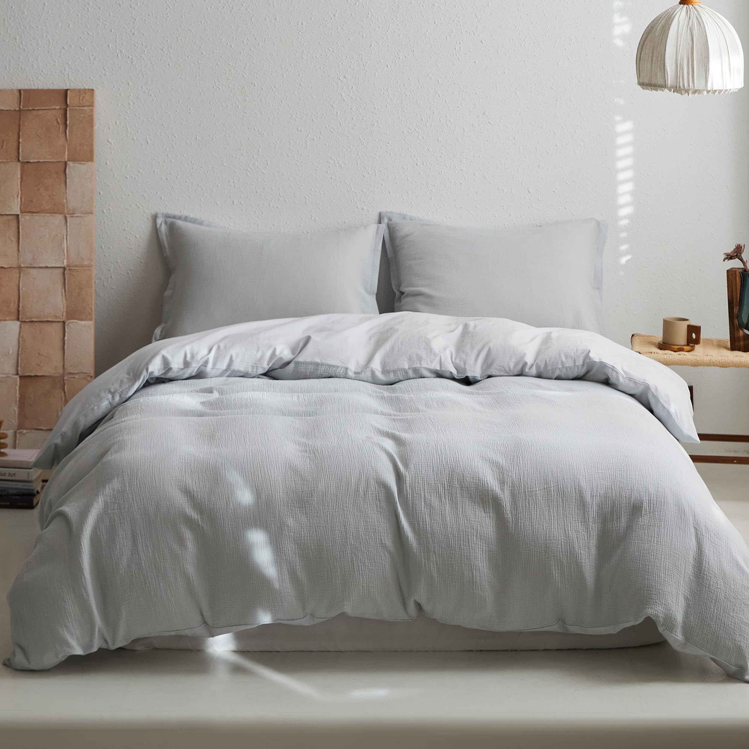 Simple&Opulence Muslin Single Duvet Cover Set, 100% Cotton Ultra Soft and Lightweight Textured Puckering Bed Duvet Cover with 1 Pillowcase (135×200cm, Light Blue)