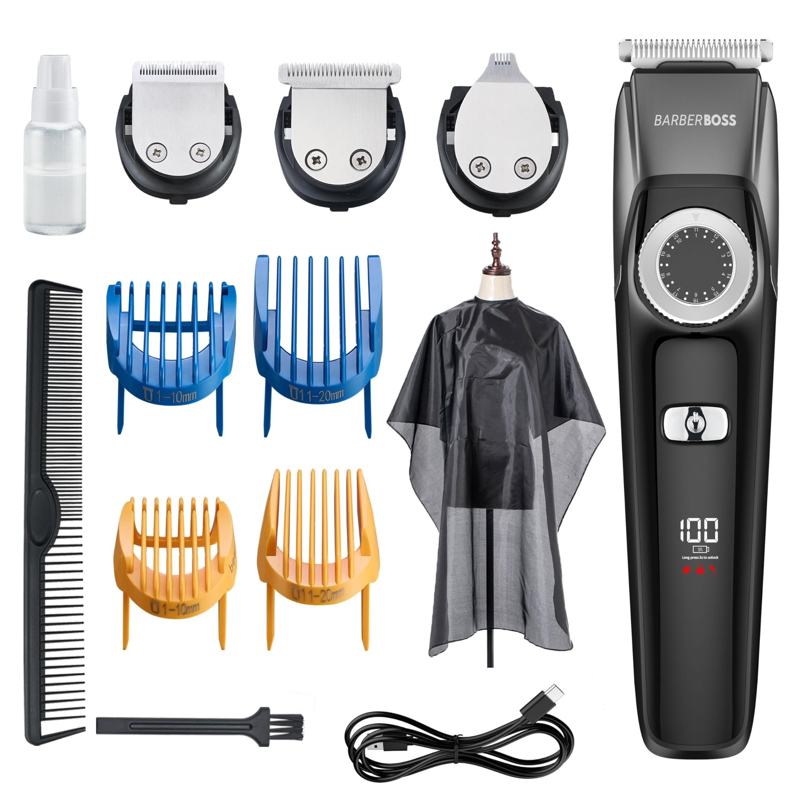 BarberBoss 3 in 1 Facial Grooming Kit, Hair, Detail & Beard Trimmer, Men’s Hair Clipper, Precision Control Dial, 4 Guide Combs, USB Rechargeable, LED Display, 100% Waterproof, QR-6086