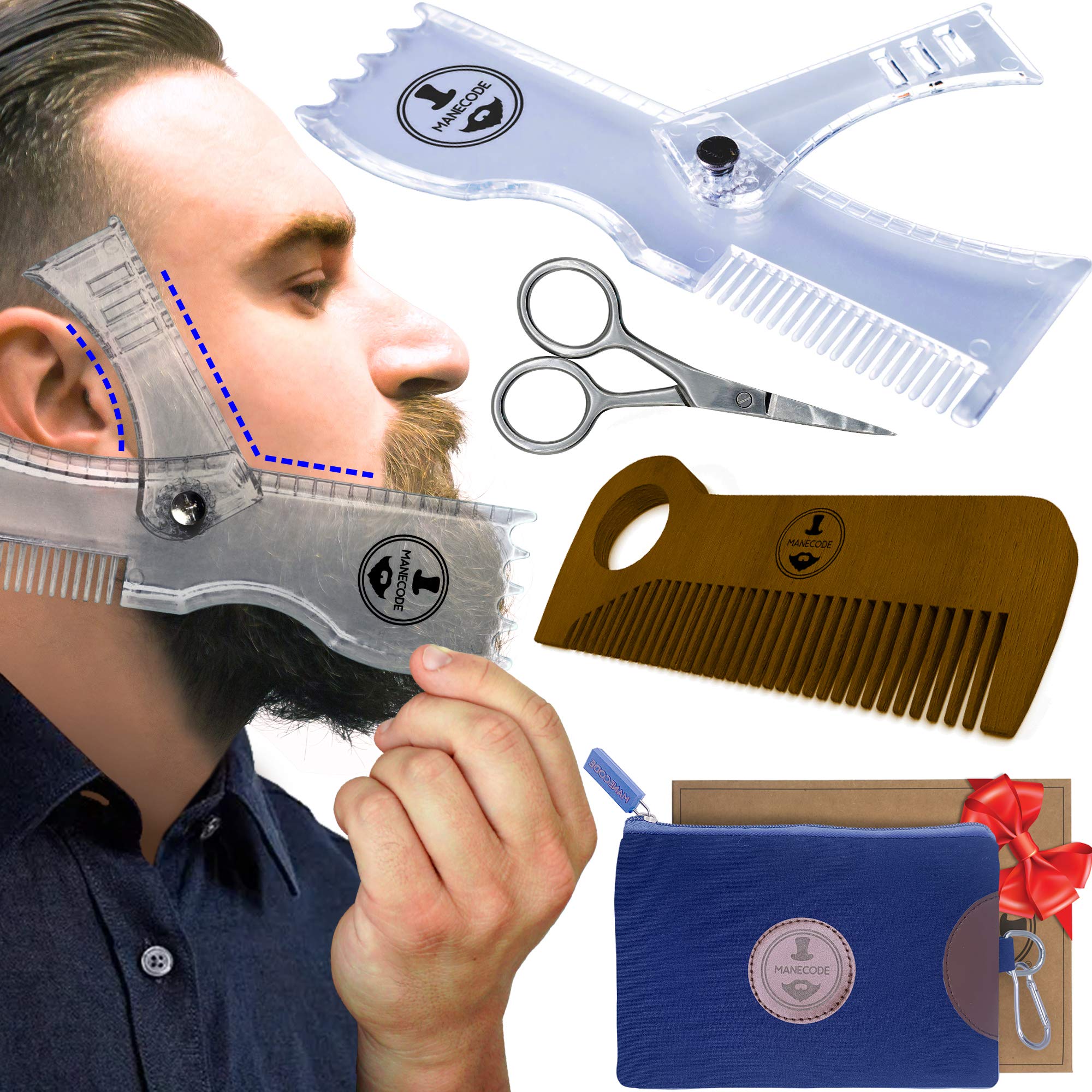 Manecode Beard Shaping Kit - Grooming Tools for Men - Adjustable Lineup Template, Premium Wooden Comb, Laser Sharpening Scissors, All in Hygiene Travel Case