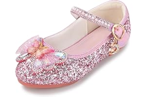 Qimaoo Girls Dress Shoes Mary Jane Princess Shoes Girls' Flats Glitter Low Heels Flower Wedding Party Footwear for Toddler Little/Big Kid