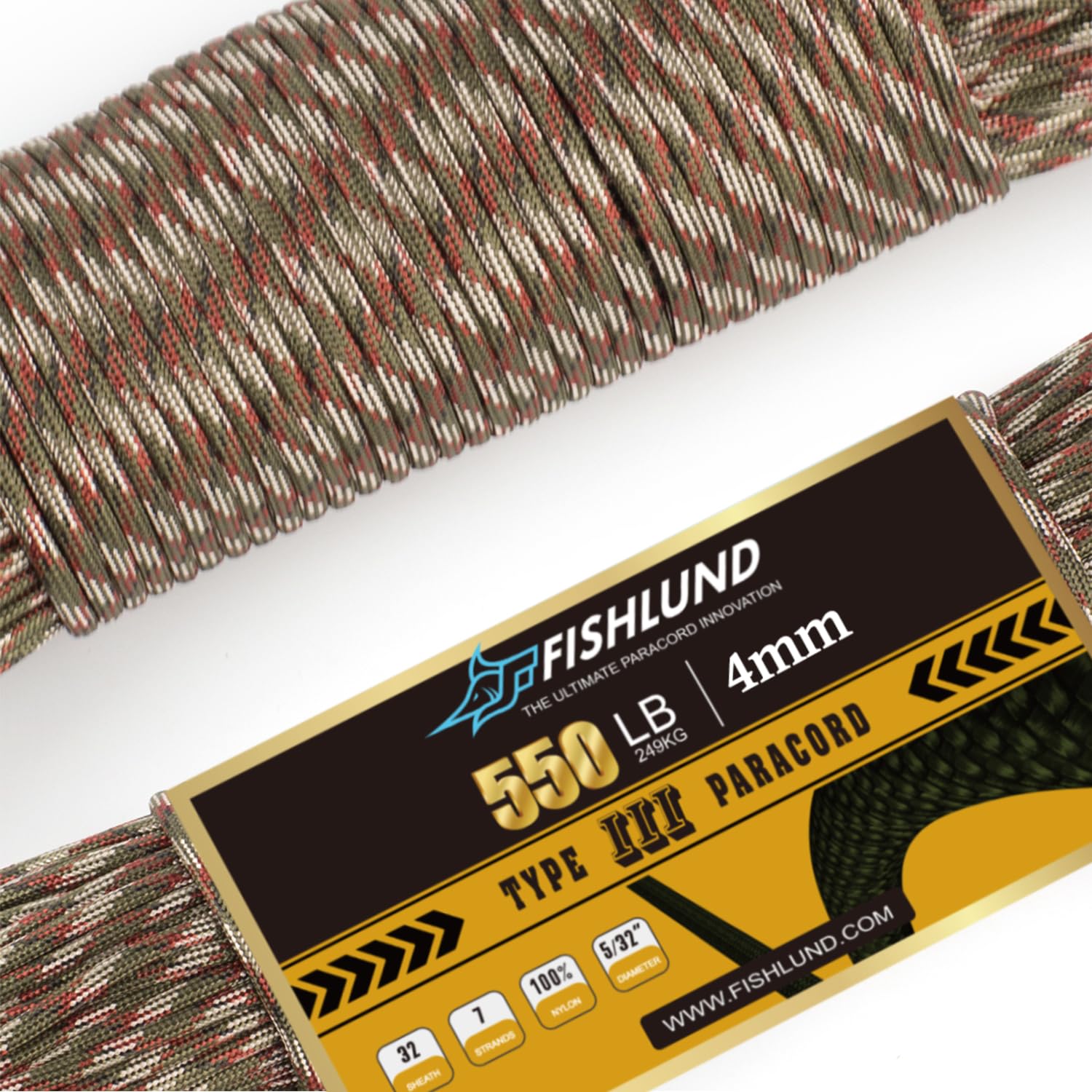 FISHLUND Paracord 550 lb, 7 Strand Type III Paracord Rope 50ft, High Strength Nylon Parachute Cord for Camping, Survival, Tactical and Hiking, Forest Camo