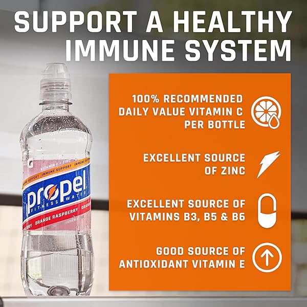 PROPEL IMMUNE SUPPORT ELECTROLYTE ENHANCED WATER SPORTS DRINK, PINEAPPLE PEACH FLAVORED WATER, 100% DV VITAMIN C + ZINC, ZERO CALORIE & ZERO SUGAR HYDRATION WITH ELECTROLYTES AND VITAMINS, 16.9 FL OZ WATER BOTTLES (12 PACK)