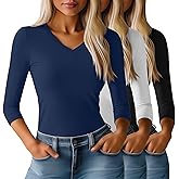Huukeay 3 Pack Women's 3/4 Sleeve T-Shirts, Summer V Neck Slim Fit Tops Casual Tight Going Out Blouse Basic Layer Tees