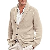 Karlywindow Mens Shawl Collar Cardigan Sweater Cable Knit Button Down Winter Chunky Sweater with Pockets