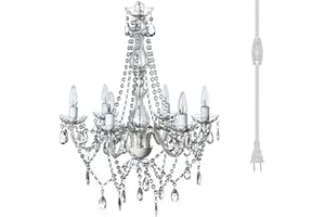 gypsy color The Original Brink House Plug-in 6 Light Crystal White Hanging Swag Chandelier H26”xW12”, White Metal Frame with Clear Glass Stem and Acrylic Crystals