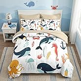 Nesker 5 Pcs Comforter Set Twin Size, Whales Octopuses Seahorses Bedding for Kids Teen, Ocean Sea Animals Bed Sheet with Pillowcase & Sham