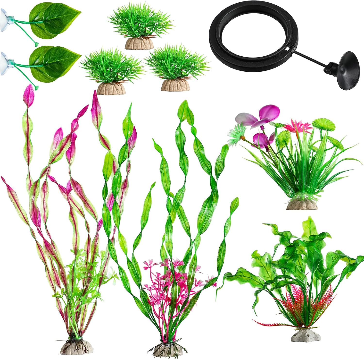 10 Pieces Fish Tank Decoration Set Artificial Seaweed Plants Decor Betta Fish Leaf Pad Bed Aquarium Plastic Plants Ornament with Round Fish Feeding Ring for Home Office Fish Tank Pond Aquarium Decor