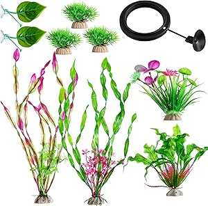 10 Pieces Fish Tank Decoration Set Artificial Seaweed Plants Decor Betta Fish Leaf Pad Bed Aquarium Plastic Plants Ornament with Round Fish Feeding Ring for Home Office Fish Tank Pond Aquarium Decor