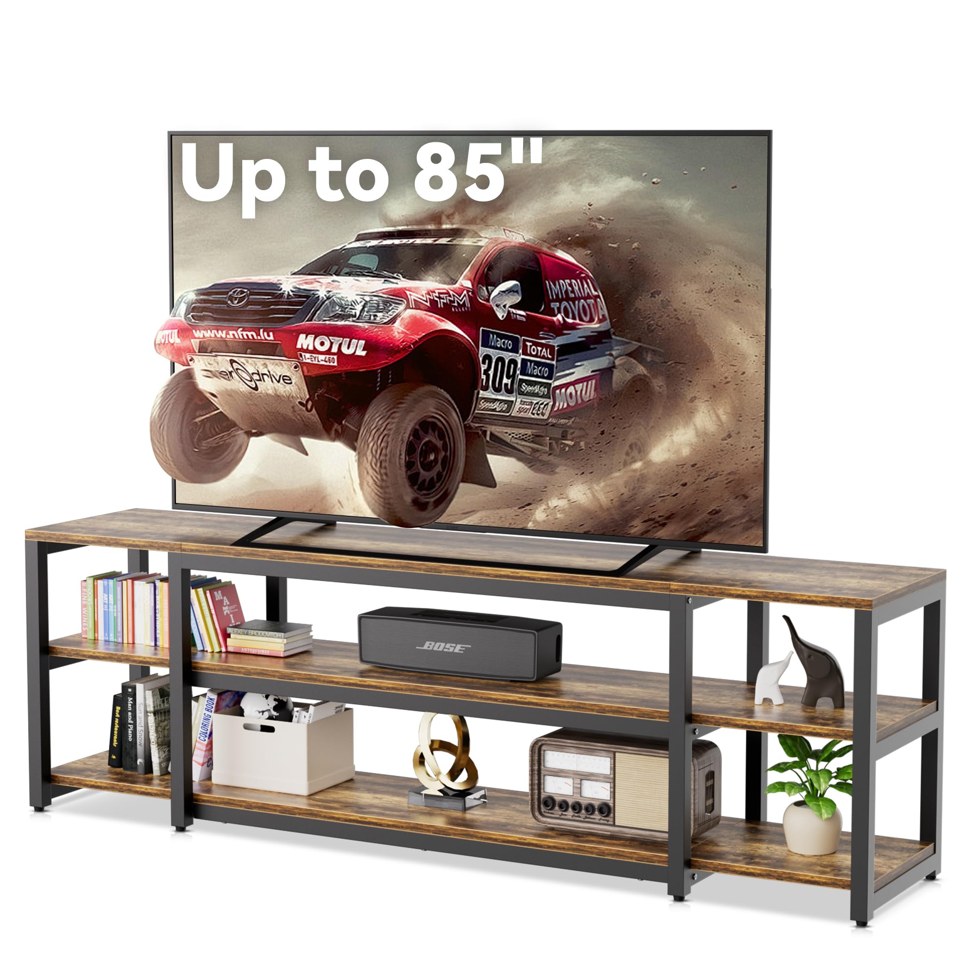 Photo 1 of Aquzee 85 inch TV Stand, Entertainment Center for 70 75 80 85" TV, 75.2" Wide Wood Television Console Table for Living Room Bedroom Gaming Room, Rustic Brown