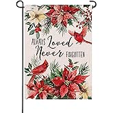 Artofy Always Loved Never Forgotten Memorial Small Decorative Garden Flag, Christmas Cardinal Poinsettia Yard Lawn Outside Decor, Xmas Winter Holiday Burlap Outdoor Home Decoration Double Sided 12x18