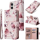 UEEBAI Wallet Case for iPhone 16, PU Leather Wallet Magnetic Closure Handbag Zipper Pocket Cover Kickstand Card Slots with Hand Strap Marple Flip Case for Women - Pink Flower