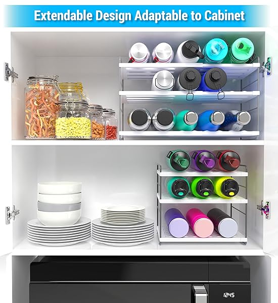 YAN & HIN WATER BOTTLE ORGANIZER FOR CABINET, 3-TIER EXPANDABLE BOTTLE STORAGE RACK, ADJUSTABLE HEIGHT HOLDS 15 BOTTLES, TUMBLER & BABY BOTTLE ORGANIZER FOR KITCHEN PANTRY COUNTER (2 PACK)