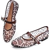 Leopard Flats for Women Mesh Ballet Flats Mary Jane Animal Print Shoes Slip On Casual Breathable Ballerina Flats
