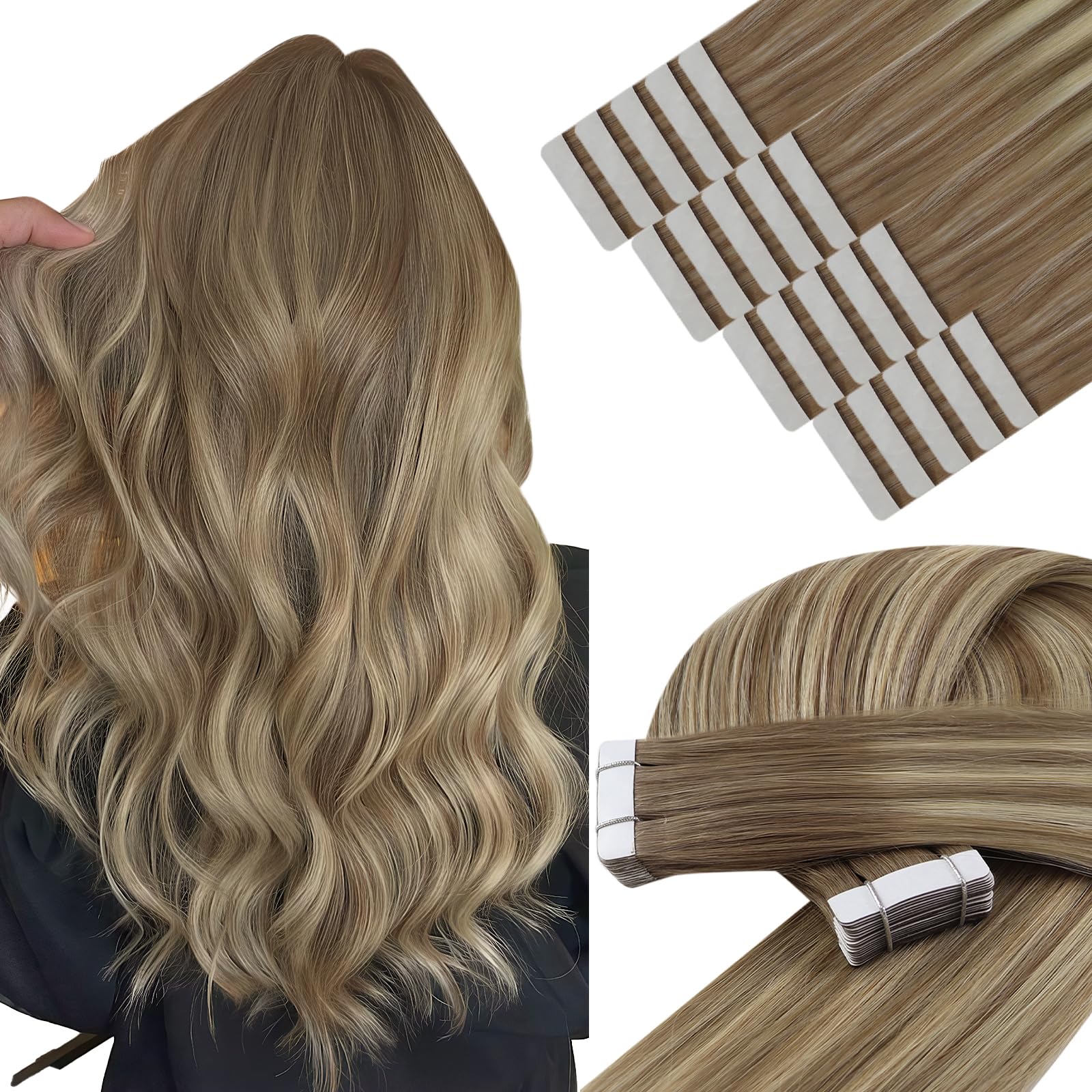 YoungSee Tape in Extensions Human Hair Balayage Tape Hair Extensions Ombre Light Brown to Blonde with Light Brown Straight Human Hair Tapes 14 Inch 20pcs 50g