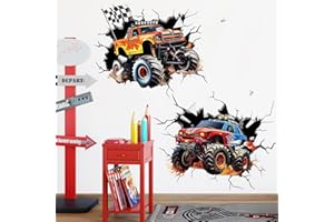 decalmile 2 Large 3D Racing Cars Wall Decals Trucks Break Through Wall Stickers Boys Bedroom Kids Room Playroom Wall Decor