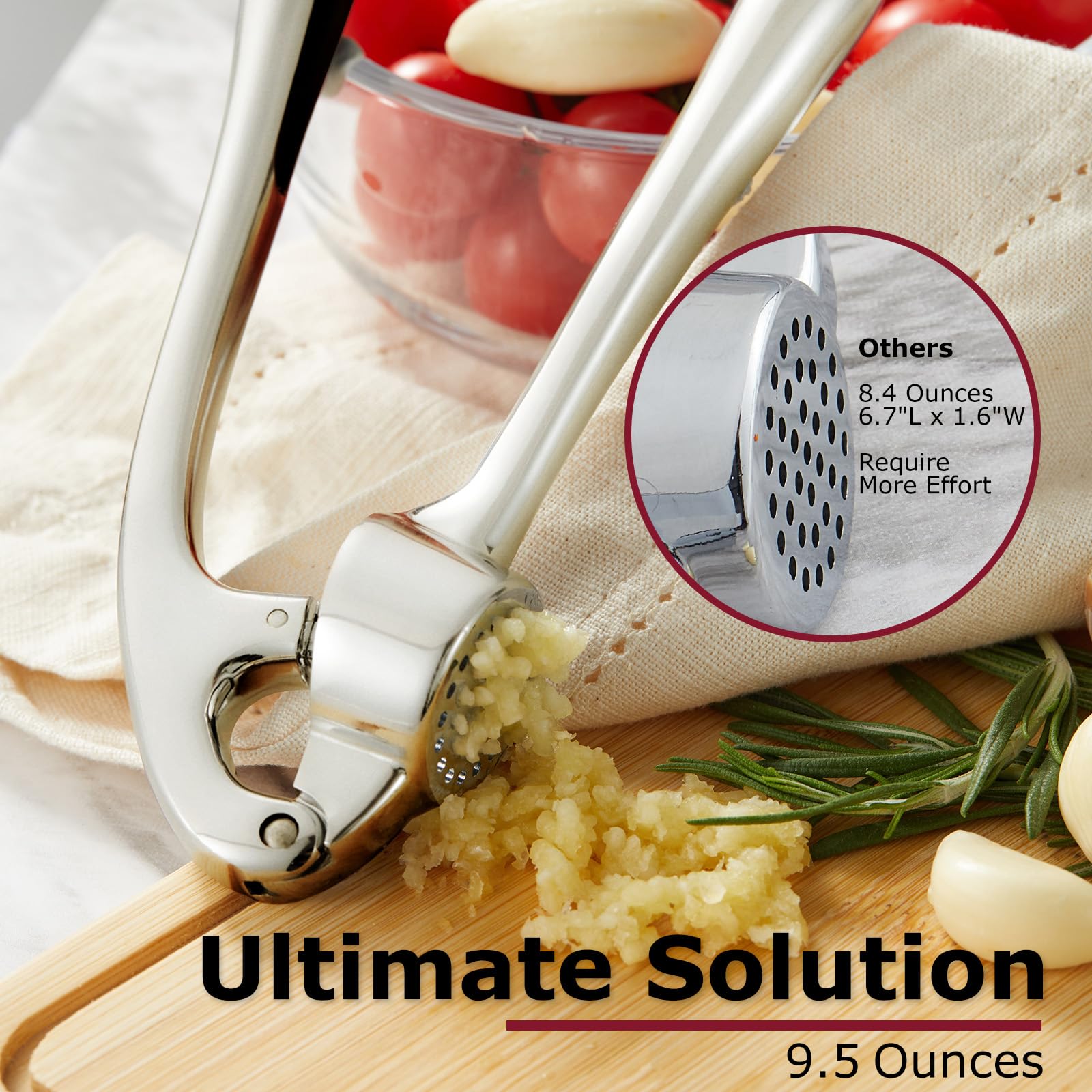 Kitessensu Knoblauchpresse mit Noppen, Garlic Press, Einfach zu drücken und zu reinigen, Rostfrei & spülmaschinenfest, Ingwerzerkleinerer – Kaiserlich Silber Maximale Menge & Minimaler Druck 5