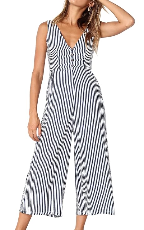 ECOWISH Damen Sommer Lang Jumpsuit Ärmellos Rückenfrei V Ausschnitt Overall Button Down Breites Bein Casual Hosenanzug mit Ta