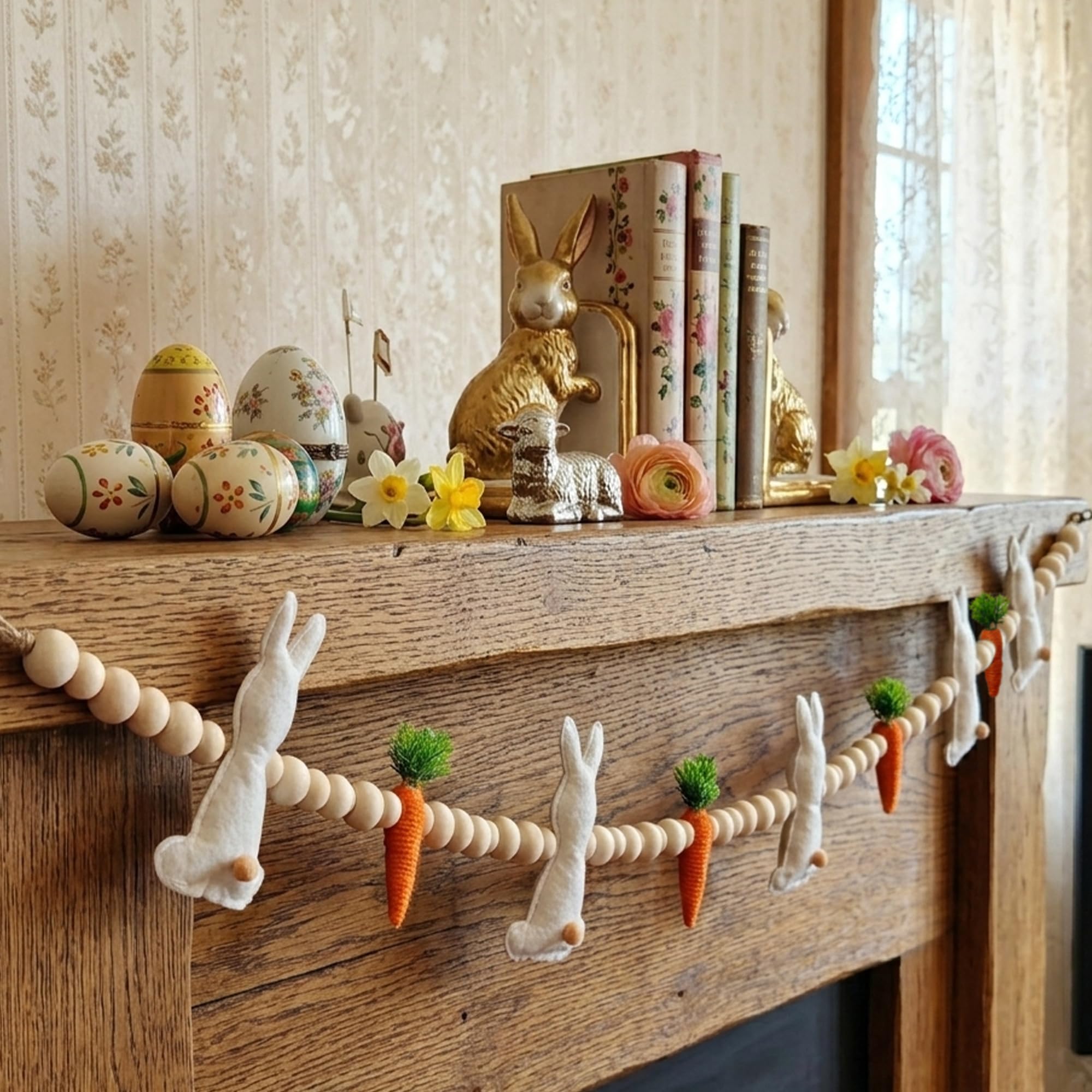 6.5FT Easter Decorations Bunny Carrot Garland - Handmade Felt Bunny Carrot Spring Garland Decoration for Mantle Fireplace Wall - Rustic Hanging Easter Banner for Inside Home Farmhouse Indoor Decor