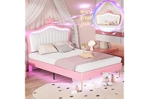 Linique Full Size Upholstered Bed Frame with LED Lights, Modern Upholstered Princess Bed with Crown Headboard, White+Pink