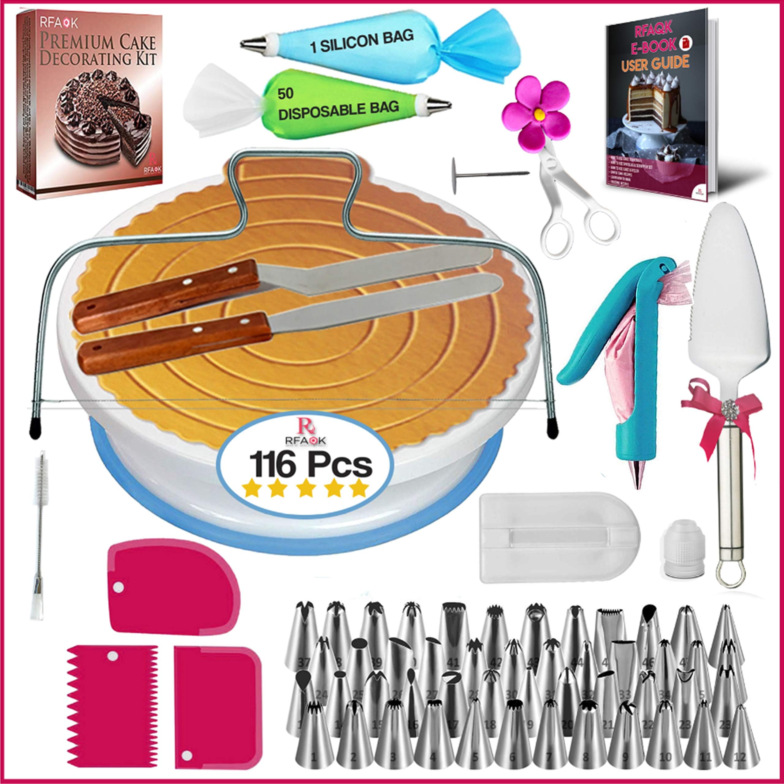 RFAQK 116pcs Cake Decorating Equipment Set with Cake Turntable -Cake Leveler -48 Numbered Piping Tips and Bags with Pattern Chart & EBook-Straight & Offset Spatula-Baking Set & Supplies