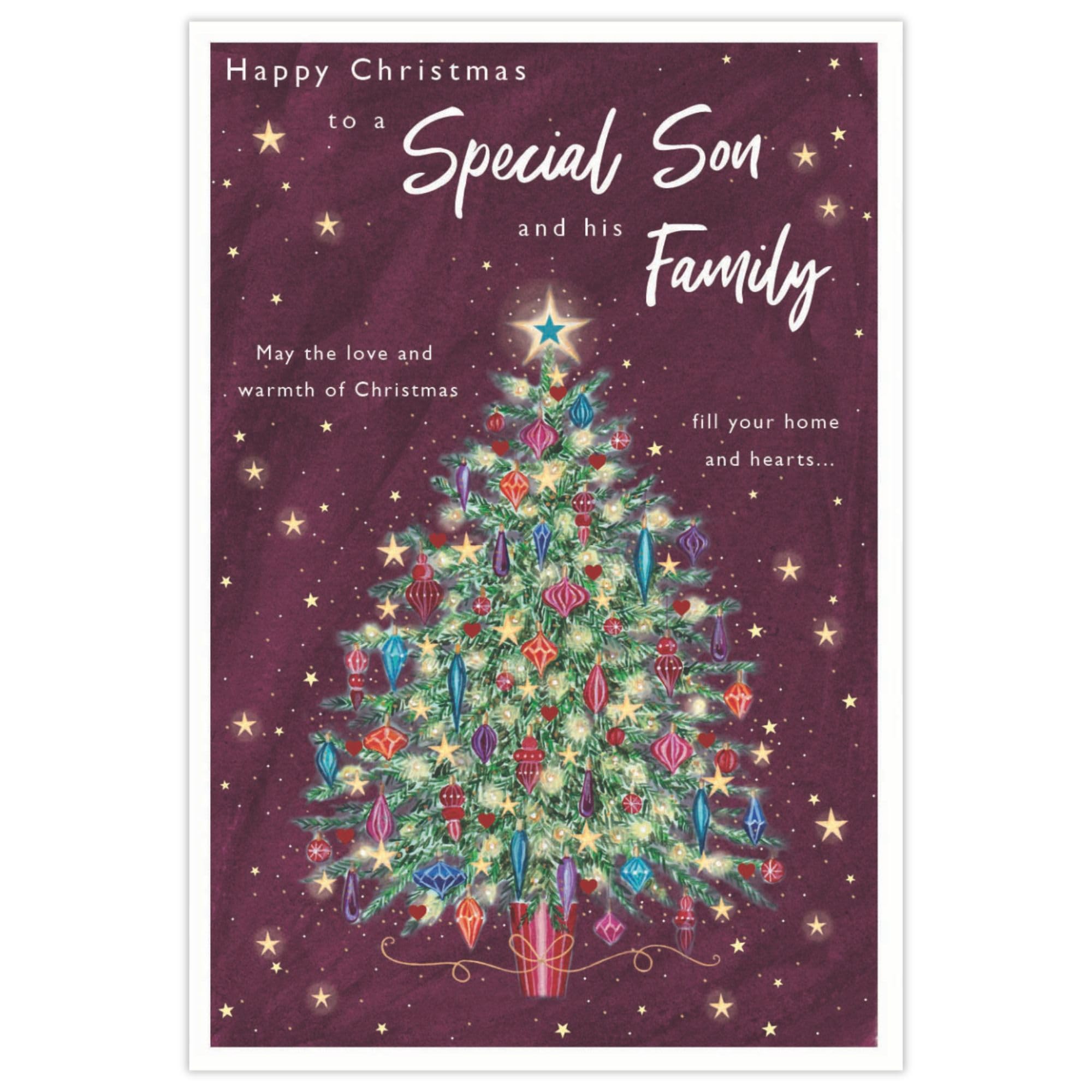 IC&G Christmas Card for Special Son & His Family - Festive Tree & Stars - Christmas Greeting Card with Envelope
