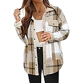 HOTOUCH Flannel Jackets Womens Sherpa Trimmed Shackets Fleece Patchwork Plaid Long Sleeve Button Down Winter Coats S-XXL