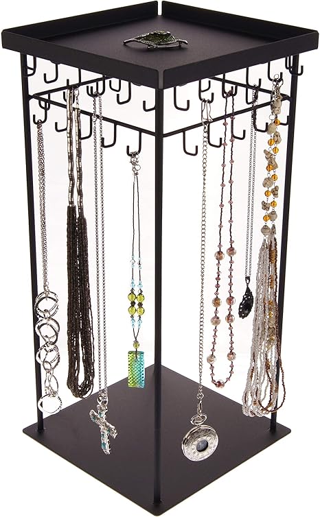 Amazon Co Jp 回転式ジュエリーディスプレイスタンド ジュエリースピナー 回転ネックレス収納ホルダー ディスプレイスタンド 4面 フック 棚 ランヤード キーチェーン ロングネックレス ブレスレット デニスブラック Diy Tools Garden