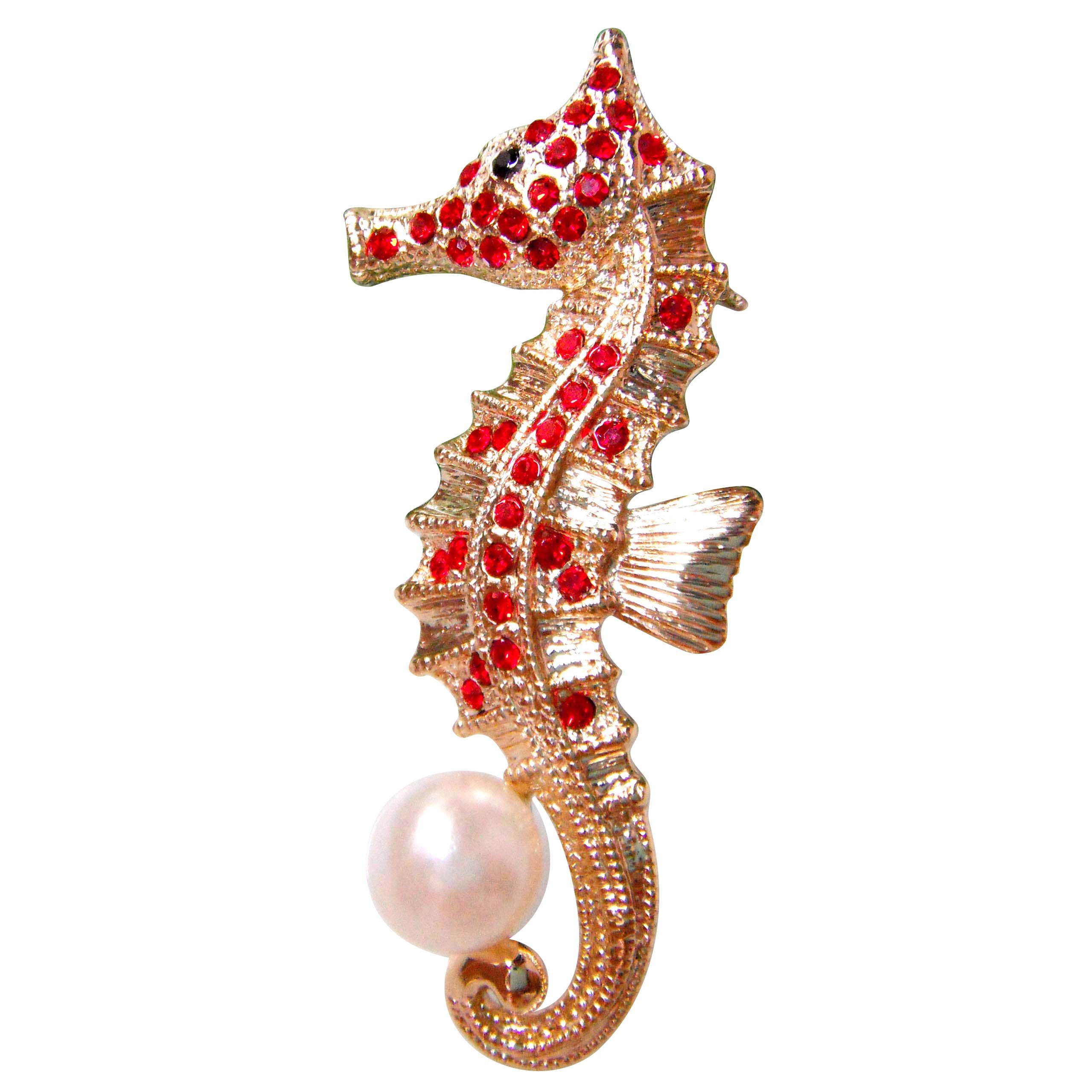 Navachi 18k Gold Plated Pearl Red Crystal Sea Horse Az7379b Brooch pins